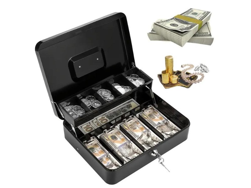 Cash Box with Key Lock, 5-Compartment Tray, 30x24cm, Black