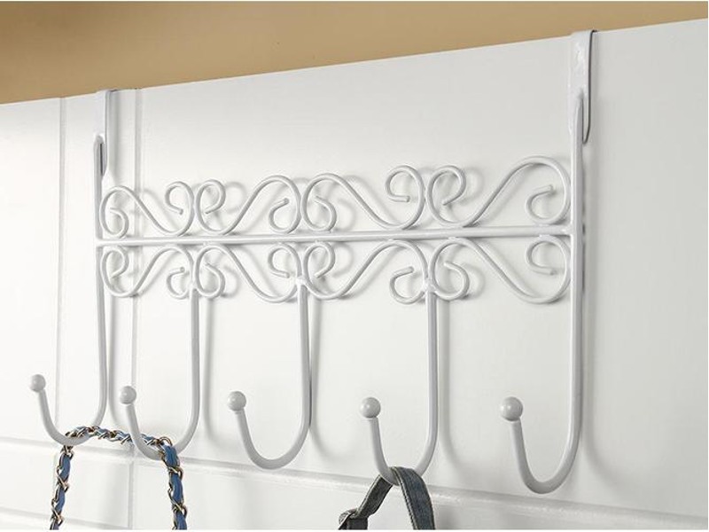5 Hooks Over Door Hanger Wrought Iron White