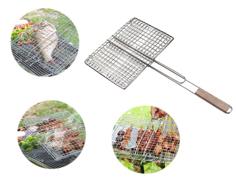 BBQ Barbecue Clip Fish Grill Roast Folder Tool with Wooden Handl