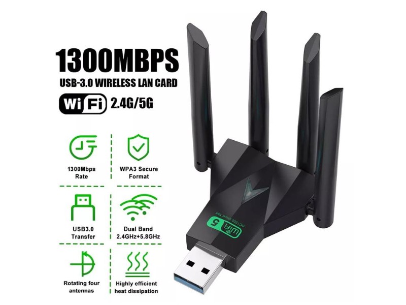 1300Mbps USB 3.0 WiFi Adapter, Dual Band 5G/2.4G for PC