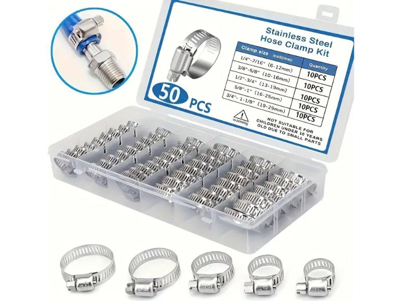 50pcs Stainless Steel Hose Clamp Kit - 304 Grade, 6mm-29mm Range
