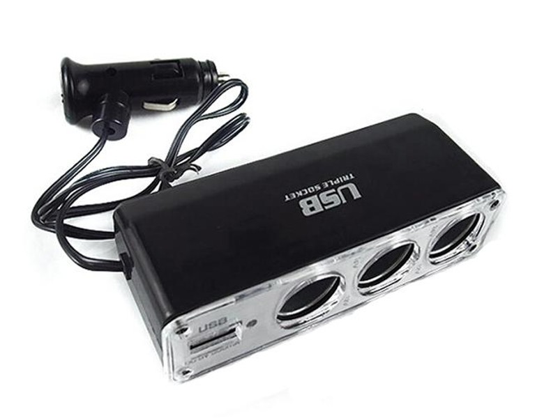 12V Car Cigarette Lighter Splitter w/ 3 Sockets & USB
