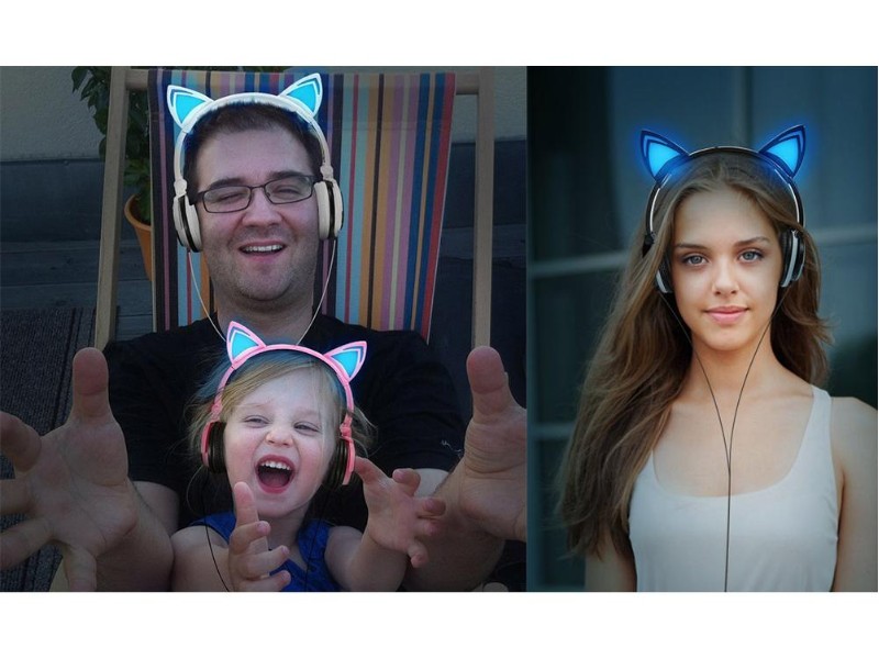 Foldable Wired Cat Ear Headphones with LED Flashing Light -Black