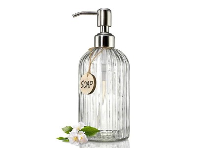 Glass Soap Dispenser, 500ml, Diamond Cut, Stainless Steel Pump