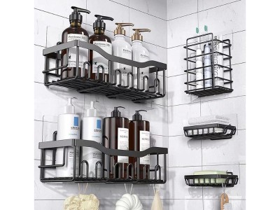 Black Bathroom Shower Organiser Set, Wall-Mounted Caddies