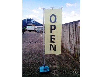 Flag OPEN Sign Adjustable Height Pole Double Sided Read